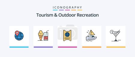 Téléchargez les illustrations : Tourism And Outdoor Recreation Line Filled 5 Icon Pack Including vecation. table. bullet. knife. lunch. Creative Icons Design - en licence libre de droit