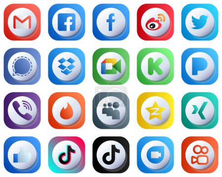 Illustration for 20 Cute 3D Gradient Icons of Major Social Media Platforms such as video. dropbox. china and signal icons. Fully Customizable and Minimalist - Royalty Free Image