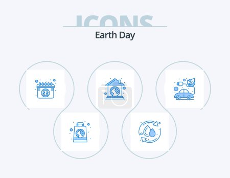 Téléchargez les illustrations : Earth Day Blue Icon Pack 5 Icon Design. electric. earth green. calendar. house. ecological - en licence libre de droit