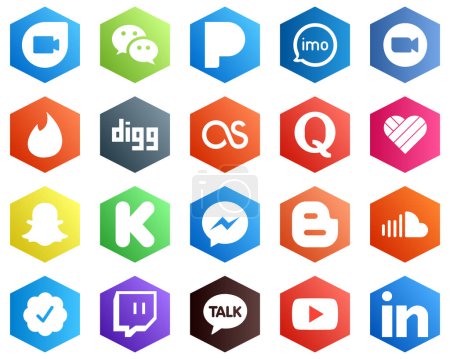 Illustration for 25 Stylish White Icons such as likee. quora. zoom. lastfm and tinder icons. Hexagon Flat Color Backgrounds - Royalty Free Image