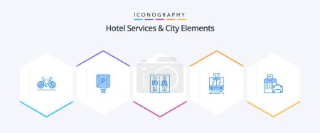 Illustration for Hotel Services And City Elements 25 Blue icon pack including bag . vehicle. down. service. train - Royalty Free Image