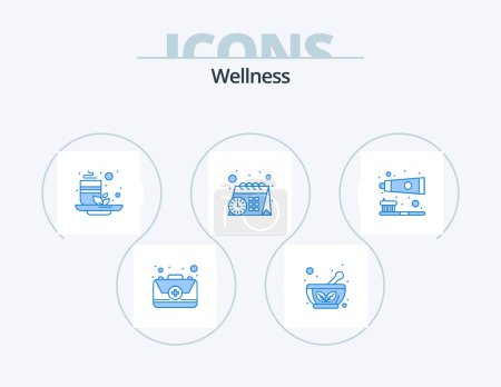 Ilustración de Wellness Blue Icon Pack 5 Icon Design. toothbrush. brush. cup. time. calendar - Imagen libre de derechos