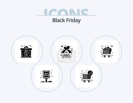Téléchargez les illustrations : Black Friday Glyph Icon Pack 5 Icon Design. cart. black friday. card. gifts. sale - en licence libre de droit