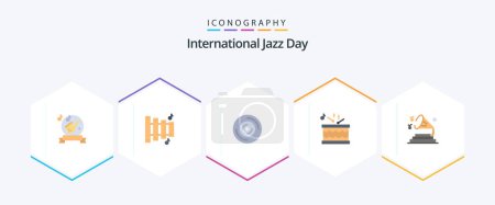 Illustration for International Jazz Day 25 Flat icon pack including sound. sticks. disc. music. drum - Royalty Free Image