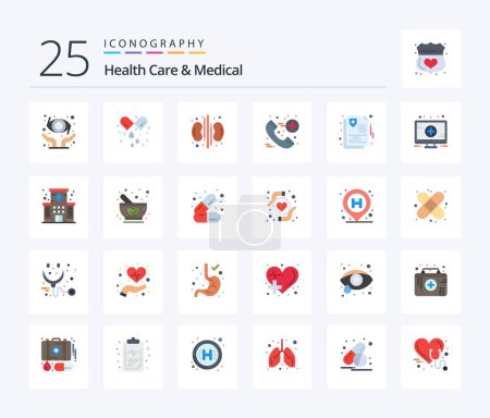 Téléchargez les illustrations : Health Care And Medical 25 Flat Color icon pack including medical. health. health. care. emergency - en licence libre de droit