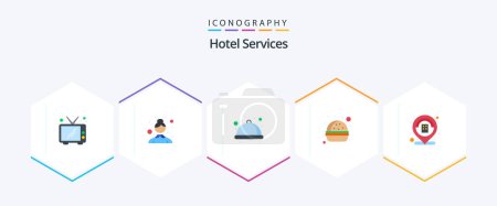 Téléchargez les illustrations : Hotel Services 25 Flat icon pack including . hotel. serve. building. hamburger - en licence libre de droit