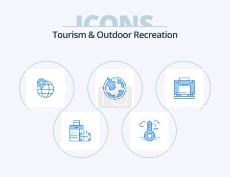Illustration for Tourism And Outdoor Recreation Blue Icon Pack 5 Icon Design. bag . hotel. location. internet. globe - Royalty Free Image