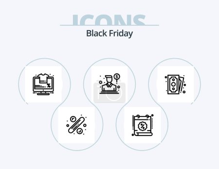 Téléchargez les illustrations : Black Friday Line Icon Pack 5 Icon Design. discount. money. salesman. income. shopping - en licence libre de droit