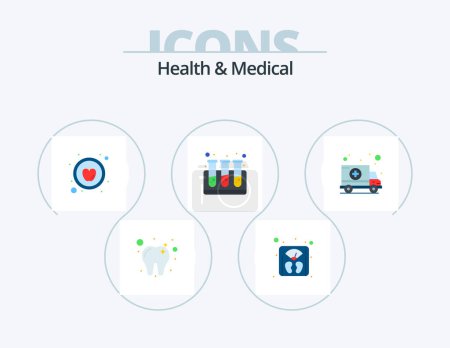 Illustration for Health And Medical Flat Icon Pack 5 Icon Design. . hospital. food. car. test tubes - Royalty Free Image