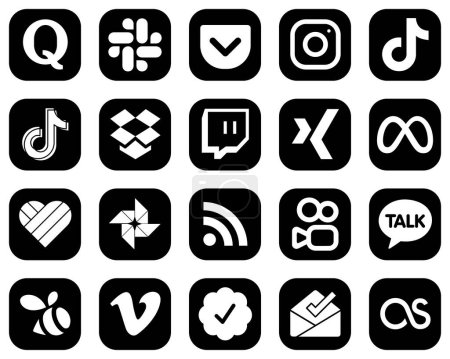 Ilustración de 20 Customizable White Social Media Icons on Black Background such as likee. meta. douyin. xing and dropbox icons. Clean and minimalist - Imagen libre de derechos