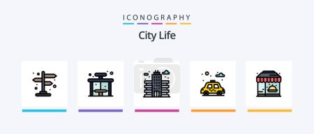 Téléchargez les illustrations : City Life Line Filled 5 Icon Pack Including life. pump. city. gas. cityscape. Creative Icons Design - en licence libre de droit
