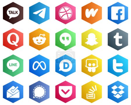 Téléchargez les illustrations : 25 Editable White Icons such as meta. tumblr. fb. snapchat and reddit icons. Hexagon Flat Color Backgrounds - en licence libre de droit