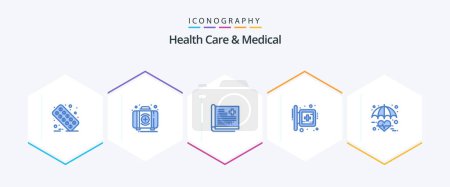 Illustration for Health Care And Medical 25 Blue icon pack including sign. hospital. box. board. report - Royalty Free Image