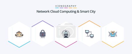 Ilustración de Network Cloud Computing And Smart City 25 FilledLine icon pack including lan. transport. protection. public. train - Imagen libre de derechos