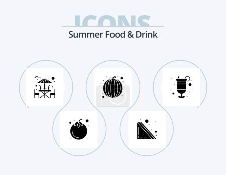 Téléchargez les illustrations : Summer Food and Drink Glyph Icon Pack 5 Icon Design. drink. watermelon. bar. vegetable. fruits - en licence libre de droit