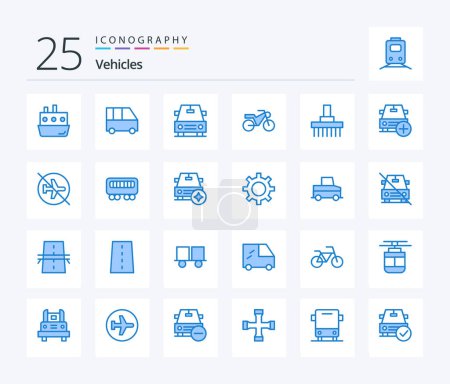 Téléchargez les illustrations : Vehicles 25 Blue Color icon pack including tractor. front. passenger van. farm. motorcycle - en licence libre de droit