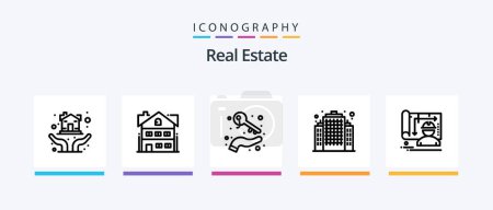 Téléchargez les illustrations : Real Estate Line 5 Icon Pack Including hand. deal. security. house. document. Creative Icons Design - en licence libre de droit