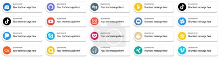 Ilustración de 20 Unique Card Style Follow Me Social Media Icons with Customizable Message such as video. zoom and meta icons. Eye catching and high definition - Imagen libre de derechos
