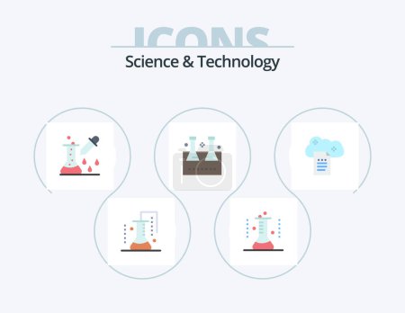Illustration for Science And Technology Flat Icon Pack 5 Icon Design. file storage. cloud reporting. pipette dropper. test tube. lab flask - Royalty Free Image