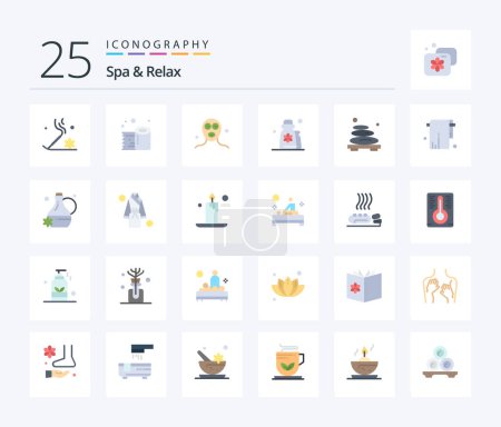 Téléchargez les illustrations : Spa And Relax 25 Flat Color icon pack including hot. lotion. beauty. grooming. beauty - en licence libre de droit