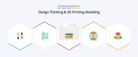 Illustration for Design Thinking And D Printing Modeling 25 Flat icon pack including computing. box. controller. print. filament - Royalty Free Image