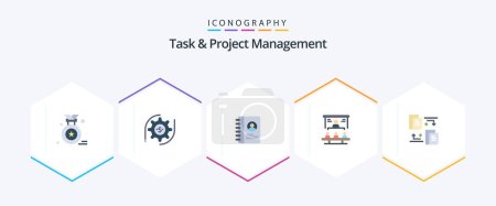 Illustration for Task And Project Management 25 Flat icon pack including document. files. contact. projector. office - Royalty Free Image