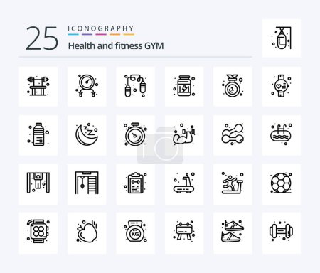 Illustration for Gym 25 Line icon pack including watch. gym. proteins. medal. badge - Royalty Free Image