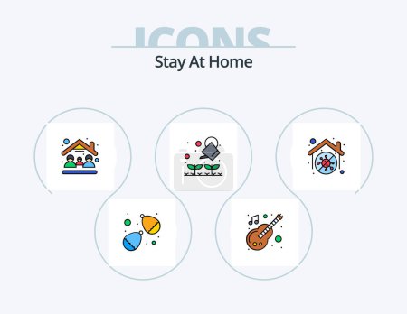 Téléchargez les illustrations : Stay At Home Line Filled Icon Pack 5 Icon Design. plant. tv. equipment. television. work - en licence libre de droit
