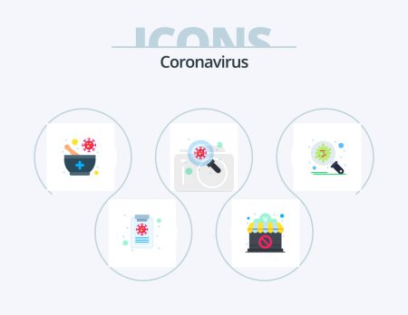 Téléchargez les illustrations : Coronavirus Flat Icon Pack 5 Icon Design. protection. bacteria. bowl. scan. search - en licence libre de droit