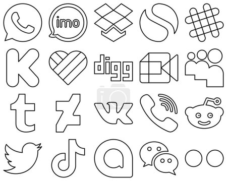 Illustration for 20 Premium and professional Black Outline Social Media Icons such as deviantart. myspace. kickstarter and google meet icons. Premium and high-quality - Royalty Free Image