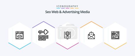 Illustration for Seo Web And Advertising Media 25 Line icon pack including email. ad. layout. search. magnifier - Royalty Free Image