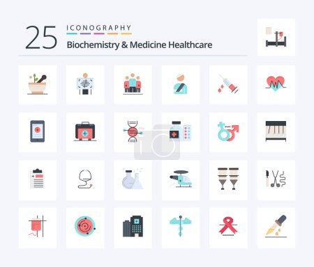 Téléchargez les illustrations : Biochemistry And Medicine Healthcare 25 Flat Color icon pack including dope. injured. user. hospital - en licence libre de droit