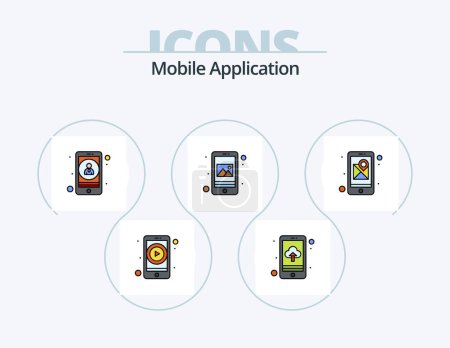 Téléchargez les illustrations : Mobile Application Line Filled Icon Pack 5 Icon Design. video player. online shopping. app. shoping. cart - en licence libre de droit
