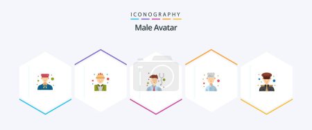 Téléchargez les illustrations : Male Avatar 25 Flat icon pack including avatar. cook. labour. chef. stethoscope - en licence libre de droit