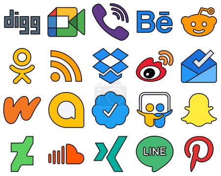 Illustration for 20 Modern Line Filled Social Media Icons Collection such as inbox. china. reddit. sina and dropbox Fully editable and modern - Royalty Free Image