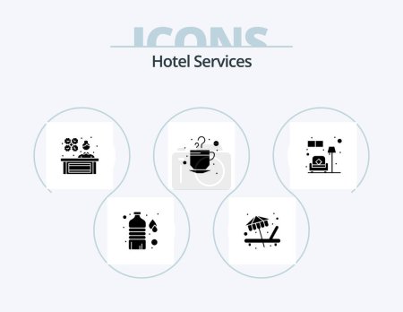 Téléchargez les illustrations : Hotel Services Glyph Icon Pack 5 Icon Design. sofa. couch. lady manager. drink. cup - en licence libre de droit