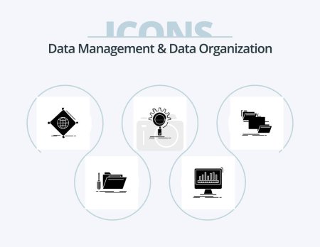 Téléchargez les illustrations : Data Management And Data Organization Glyph Icon Pack 5 Icon Design. optimization. seo. data. global. things - en licence libre de droit