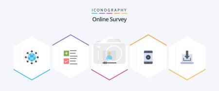 Illustration for Online Survey 25 Flat icon pack including arrow. play. video. video. mobile - Royalty Free Image