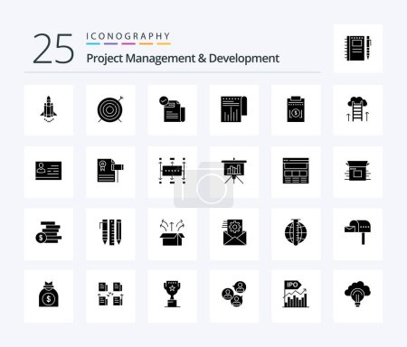 Illustration for Project Management And Development 25 Solid Glyph icon pack including report. financial. check. business. features - Royalty Free Image