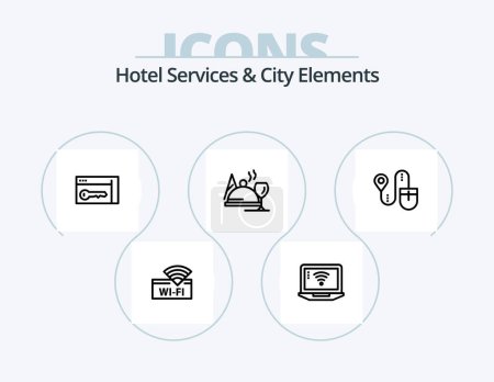 Téléchargez les illustrations : Hotel Services And City Elements Line Icon Pack 5 Icon Design. tea. room. bicycle. key. fittness - en licence libre de droit