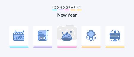 Téléchargez les illustrations : New Year Blue 5 Icon Pack Including cake. time. food. new year. clock. Creative Icons Design - en licence libre de droit