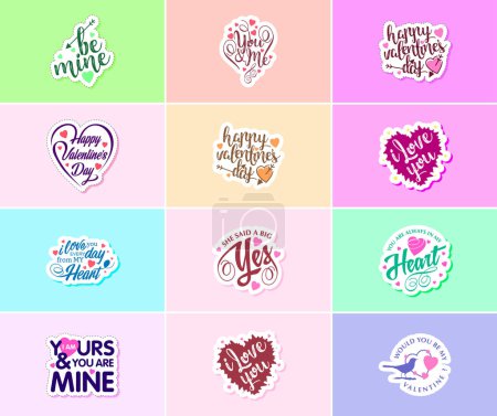 Téléchargez les illustrations : Saying I Love You with Valentine's Day Typography and Graphics Stickers - en licence libre de droit