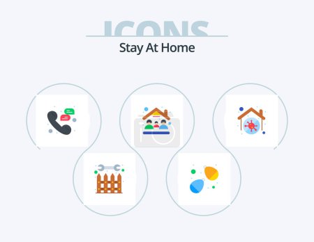 Téléchargez les illustrations : Stay At Home Flat Icon Pack 5 Icon Design. stay at home. people. water balloon event. mask. phone - en licence libre de droit