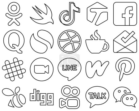 Illustration for 20 Stylish and elegant Black Line Social Media Icons such as caffeine. facebook. dribbble and question icons. Modern and high-quality - Royalty Free Image