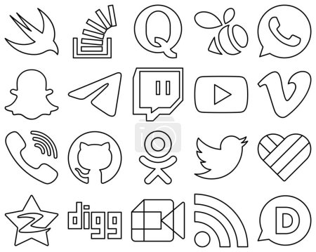 Illustration for 20 Innovative and professional Black Outline Social Media Icons such as video. video. whatsapp and youtube icons. Minimalist and high-resolution - Royalty Free Image
