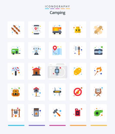 Téléchargez les illustrations : Creative Camping 25 Flat icon pack  Such As camp. bus. doodle. first aid. band aid - en licence libre de droit
