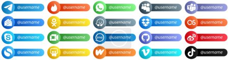 Ilustración de 20 Modern Follow me Social Network Platform Card Style Icons such as google meet. inbox. chat and lastfm icons. Minimalist and customizable - Imagen libre de derechos