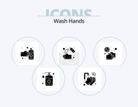 Illustration for Wash Hands Glyph Icon Pack 5 Icon Design. wash. hand. twenty seconds. cleaning. spray - Royalty Free Image