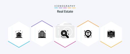 Téléchargez les illustrations : Real Estate 25 Glyph icon pack including online. estate. apartment. property. location - en licence libre de droit