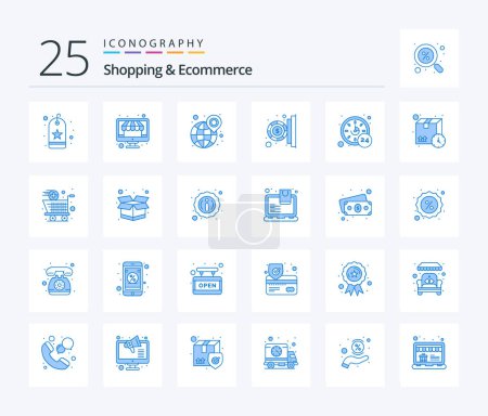 Téléchargez les illustrations : Shopping And Ecommerce 25 Blue Color icon pack including call. payment. globe. insert. world - en licence libre de droit